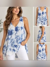 Karen Kane M Blue White Watercolor Layered Asymmetrical Boho Tunic Top Made USA