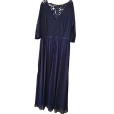 Missmay Lace Maxi Dress SZ XL Navy Blue 3/4 Sleeve V-Neck Formal Chiffon Gown