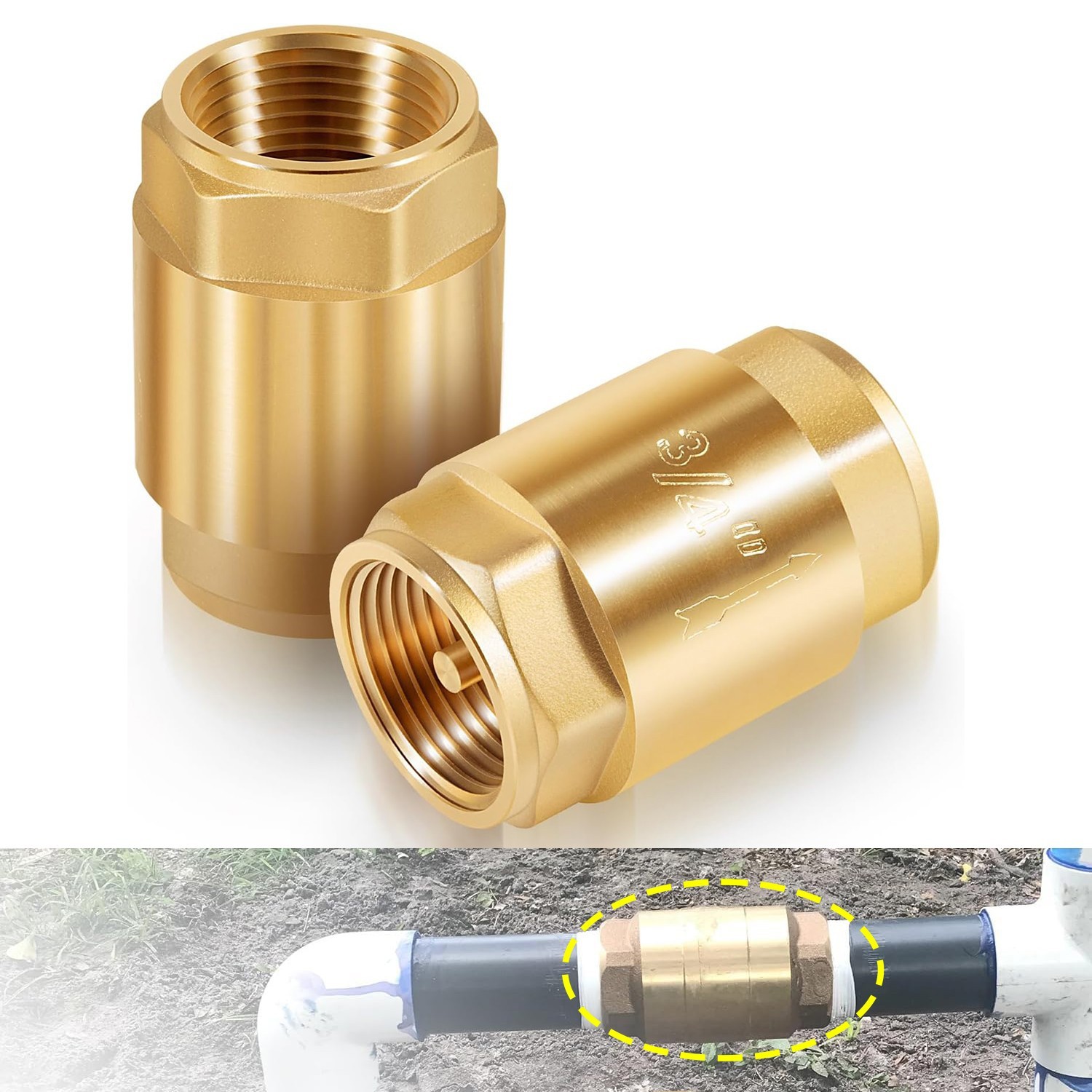 3/4"NPT One Way Brass In-Line Check Valve Female Pipe Thread #20403LF (2 Pack)