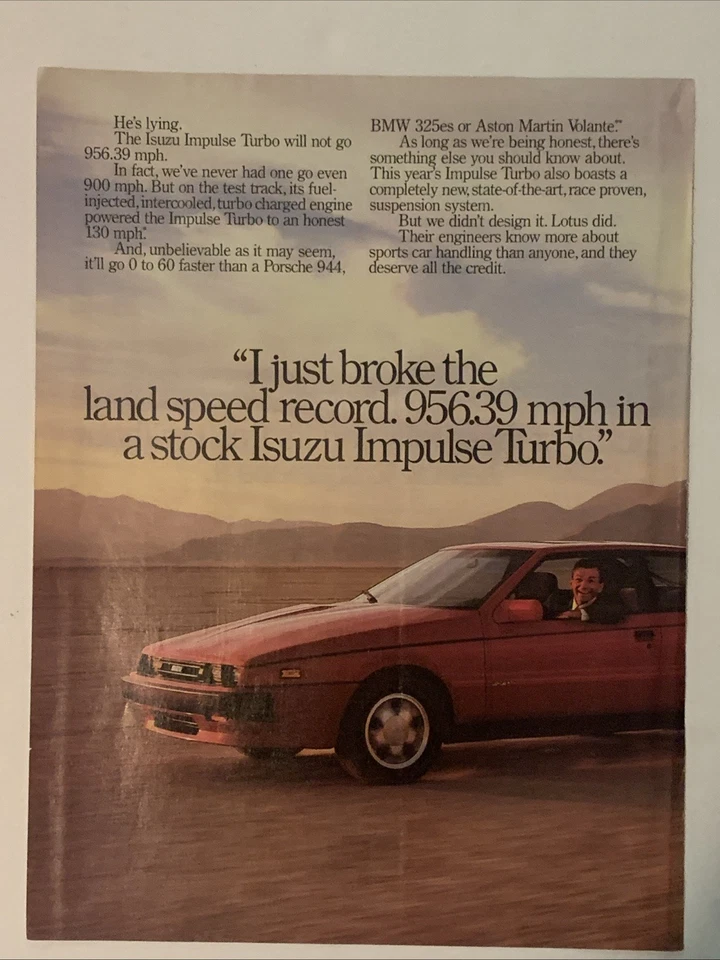 1988 Isuzu Impulse Turbo PRINT AD Joe Isuzu Driving VTG 1980s Land Speed Record - Image 2 of 4