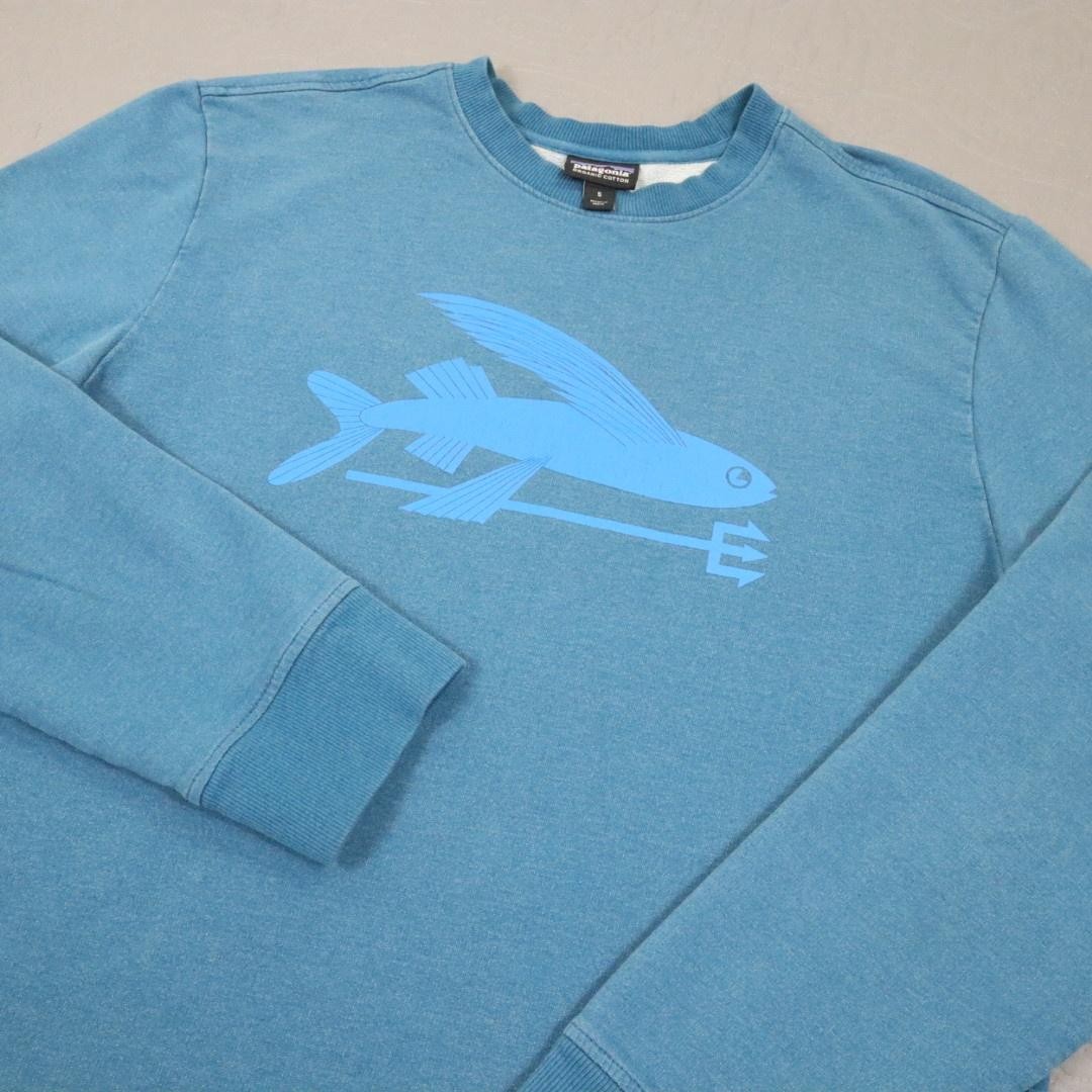 Patagonia Sweatshirt Mens Small Blue Flying Fish Midweight Crew Organic Cotton