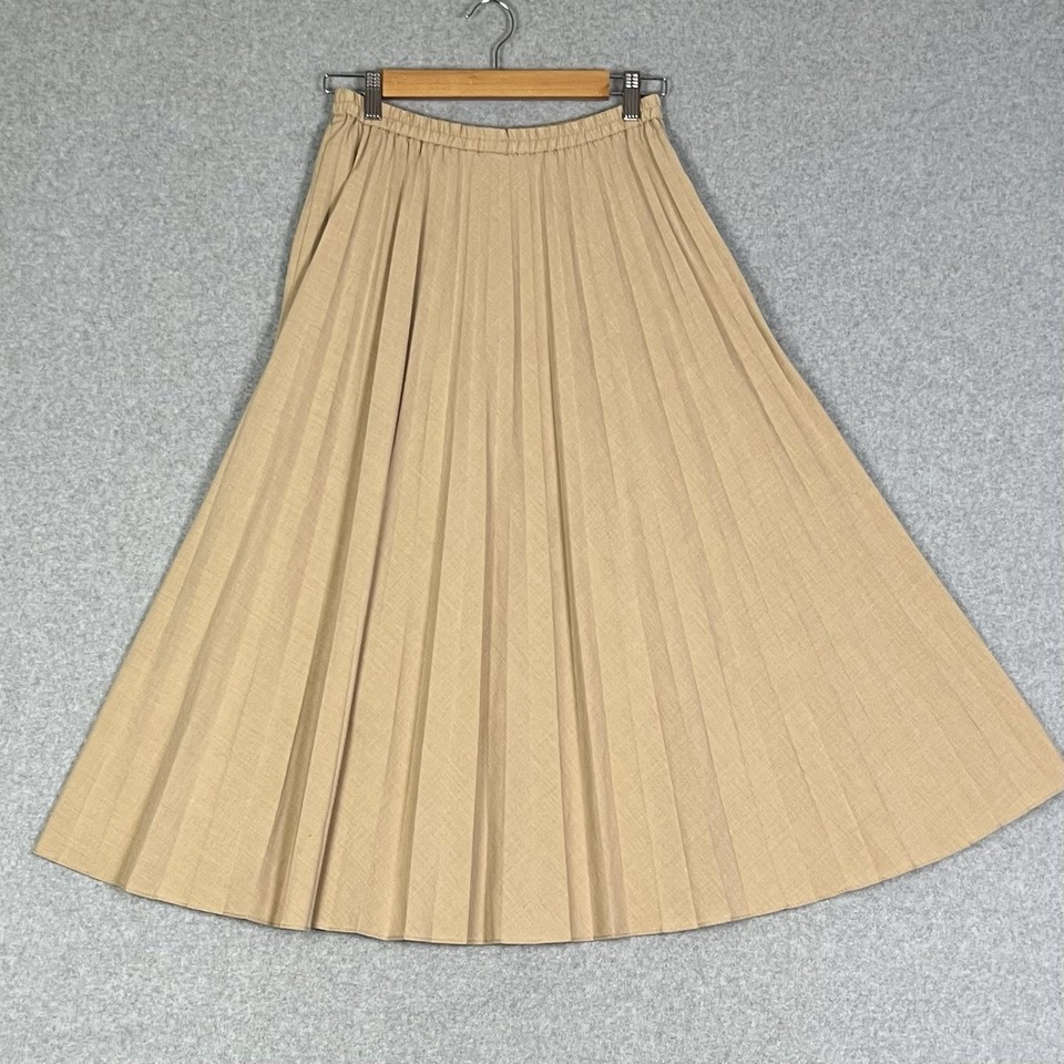 Uniqlo Pleated Midi Skirt Womens S Beige High Waisted Classic Preppy Minimalist