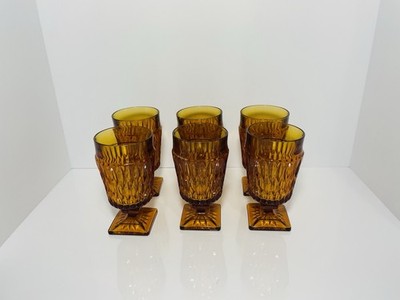 Lot Of 6 Indiana Glass Mount Vernon Amber Goblets Vintage Square Base Barware
