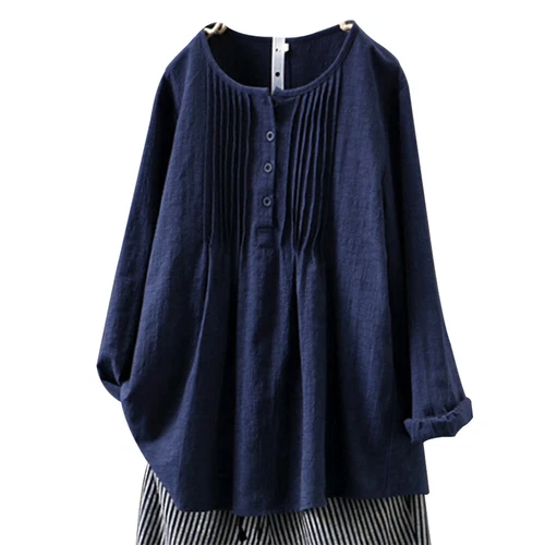 Womens Cotton Linen Tunic Tops Baggy Long Sleeve Ladies T-Shirt Blouse - Bild 11 von 21