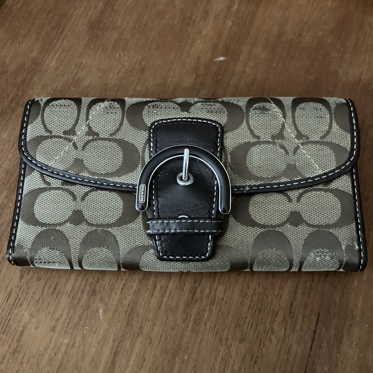 COACH Soho Signature Logo Buckle Slim Envelope Wallet Brown Beige