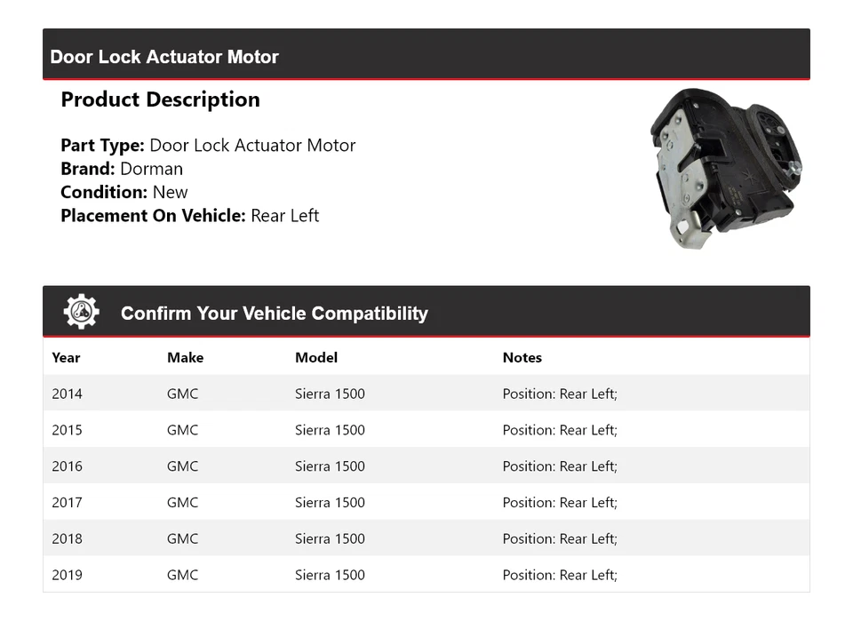 Para 2014-2019 GMC Sierra 1500 Dorman atuador de trava de porta motor traseiro esquerdo 2015 - Imagem 2 de 4