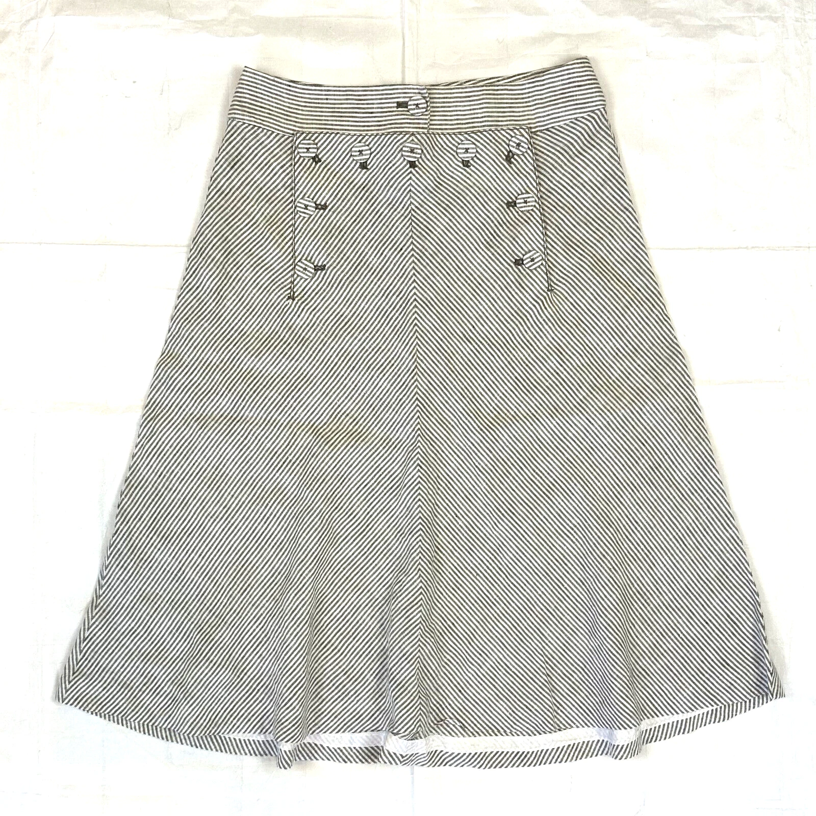 J. Crew 100% Linen sz 0 Midi Sailor Button A-Line Skirt Striped Lace Up Back NEW