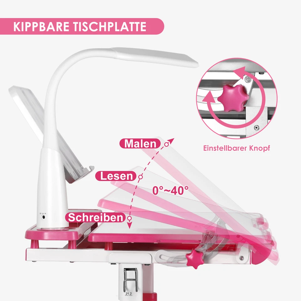 Kinderschreibtisch Schülerschreibtisch Verstellbar Neigbar mit Stuhl&Lampe Rosa - Bild 3 von 4