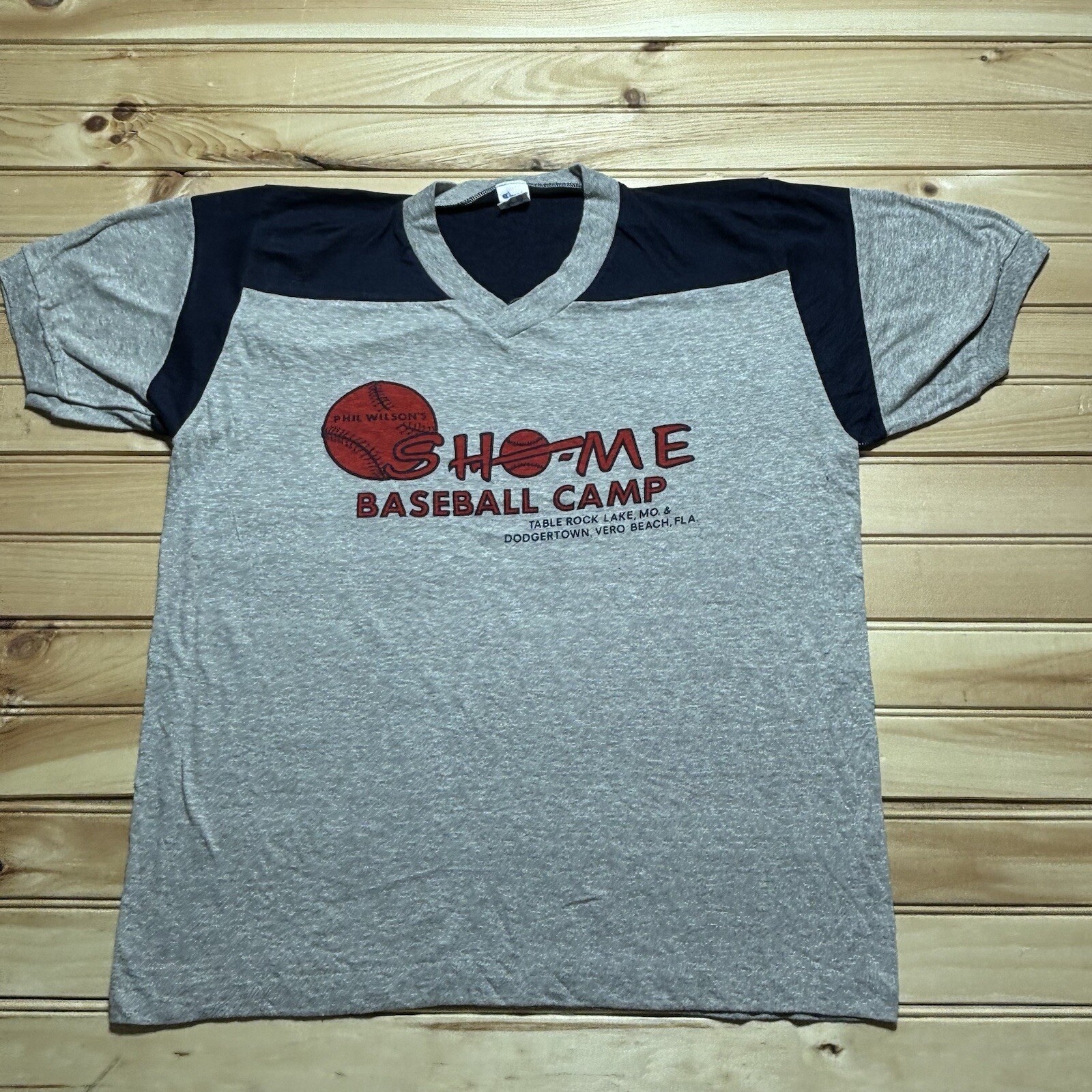 Vintage 80s Champion Phil Wilson Baseball Camp Ringer Tee - Size Large