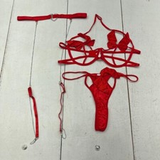 Red 3 Piece Bow Design Lingerie Thong Set Women's Size Large NEW