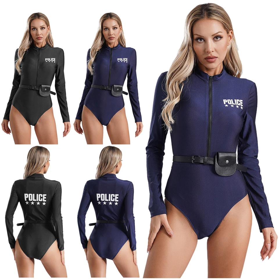Women Uniform Breathable Outfits Suit Police Costume Front Zipper Purse Sexy - Image 2 of 3