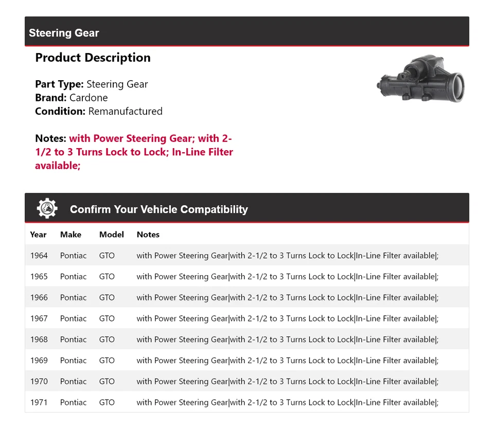 适用于 1964 - 1971 Pontiac GTO 转向齿轮 Cardone 1965 1966 1967 1969 1970 — 第 2/4 张图片