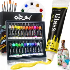 Stain Glass Paint Set with 6 Brushes, 1 Palette, 24 Color Waterproof Acrylic Ena