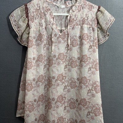 MINE Womens Floral Smocked Ruffle Short Sleeve Top Sz S FlowyWhimsical Fairy Y2K