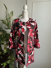 Kasper Abstract Red Black White Beaded Collarless Open Jacket 3/4 Sleeve Sz 6