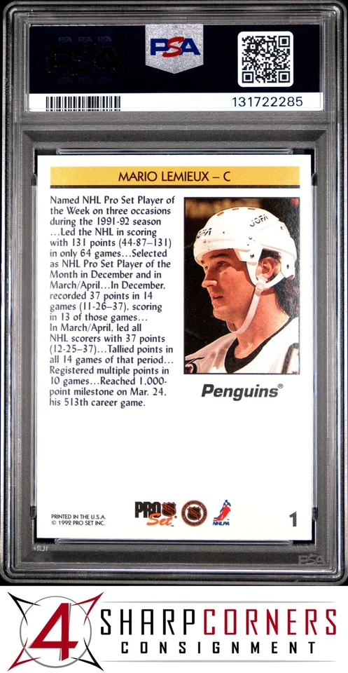 1992 PRO SET #1 MARIO LEMIEUX PENGUINS HOF POP 5 PSA 10 - Image 2 of 2