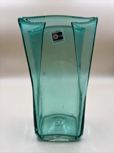 Vintage Blenko Teal Paper Bag Art Glass Vase