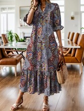 Lady V Neck Floral Summer Holiday Loose Short Sleeve Dress Sun Dresses Plus Size
