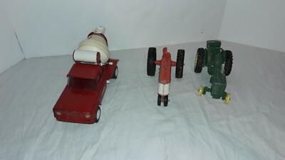 3 Vintage Metal Tonka Mixing Truck, Slik Toy Red Tractor & ERTL Green Tractor