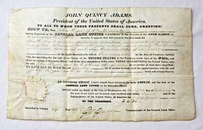 Authentic OHIO LAND GRANT Signed by President John Quincy Adams on 