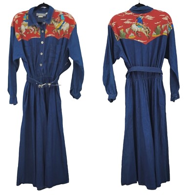 Vintage Dress Maxi Prairie Western Cowgirl Rodeo Belted Denim Horse Yoke  Blue L - Main Image