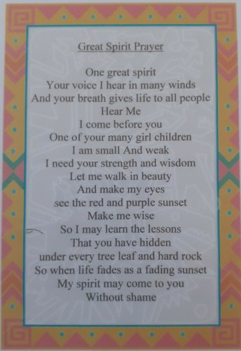 Native American Indian laminated A6 Great Spirit Prayer Saying