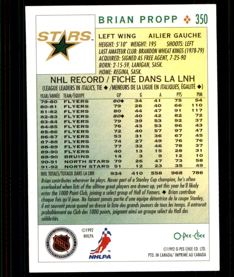 1992-93 O-Pee-Chee Brian Propp Minnesota North Stars #350 - Image 2 of 2