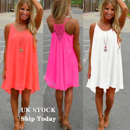 Womens Strappy Dresses Summer Ladies Holiday Beach Mini Dress Pullover Long  Top | eBay