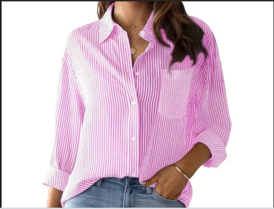 Versatile Look Womens Pink Strip Button Shirt Blouse Size S With Pocket