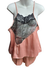 Rosie Night Pink Nylon Satin Black Lace CAMISOLE PANTY Set Lingerie Med.