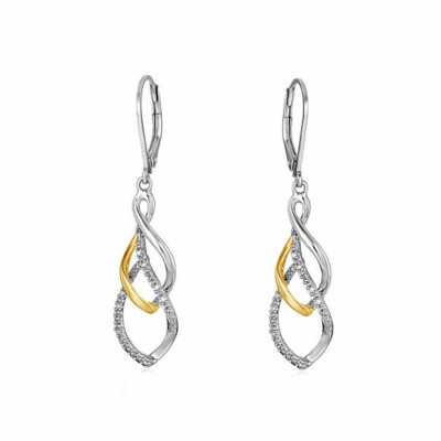 Natural Diamond Tear Drop Swirl Earrings 14K Two Tone Gold Plated Sterling