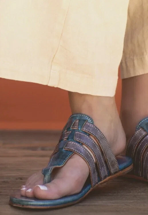 Blue leather flip flops hotsell