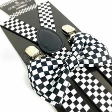 New Adults Black White Checkers Men's Check Bow Tie  Suspender and Bow Tie Set