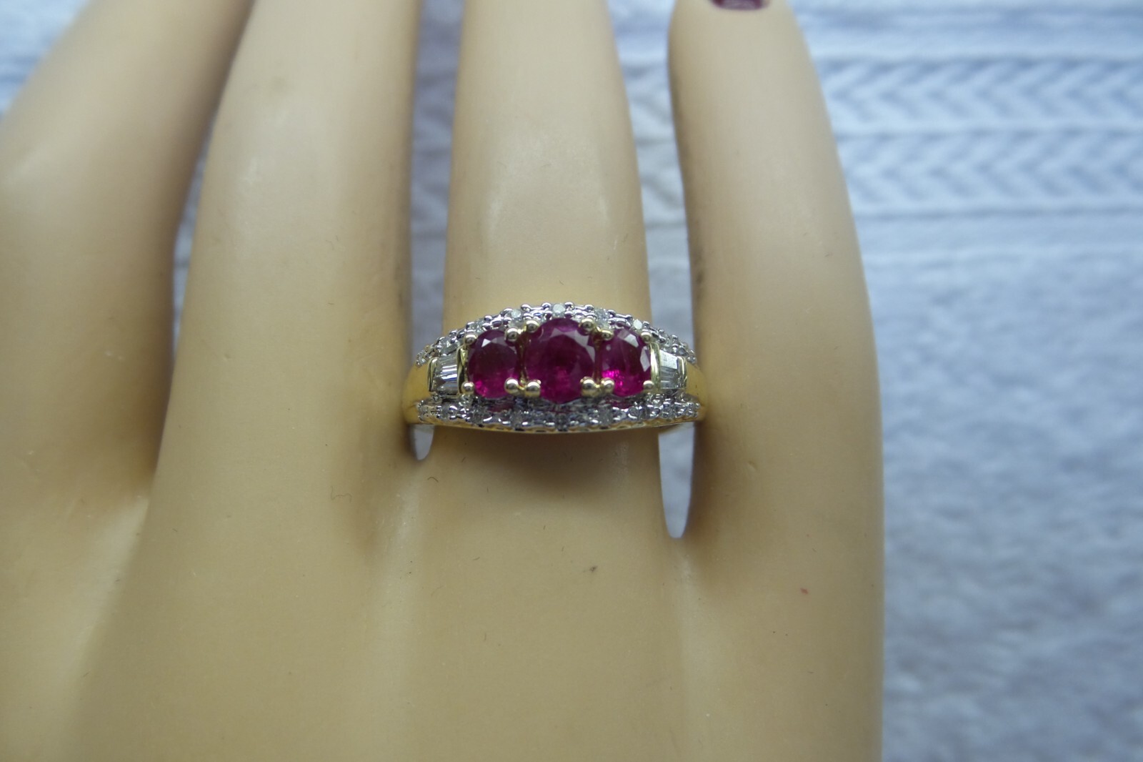 Fine Solid 14kt Genuine 3 Ruby Ring with Natural … - image 2