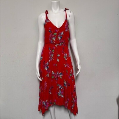 lucky brand red dress Lucky Brand Womens Large Mini Dress Red Floral Print V Neck Tie Waist