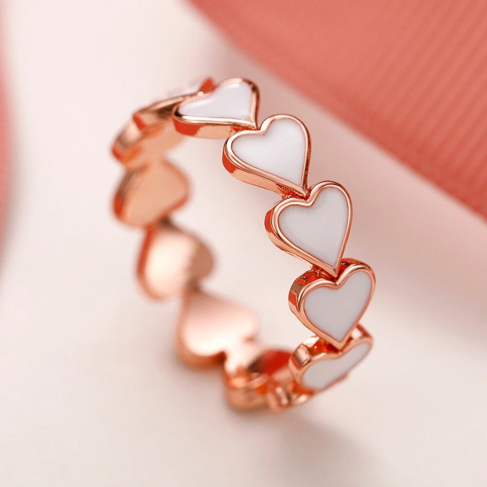 18K Rose Gold Filled Love Heart Band Women 6mm Pink Enamel Copper Ring Size 6-10 - Image 2 of 4