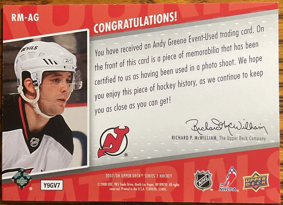 2007-08 Upper Deck Rookie Materials Andy Greene #RM-AG New Jersey Devils - Image 2 of 2