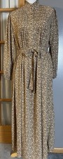 Floral Belted Maxi Dress XL Pleated Beige High Neck Long Sleeve Buttons Boho