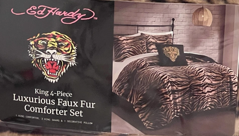 Ed Hardy King 4 Piece Luxurious Faux Fur Comforter Set Tiger Print - Image 2 of 4