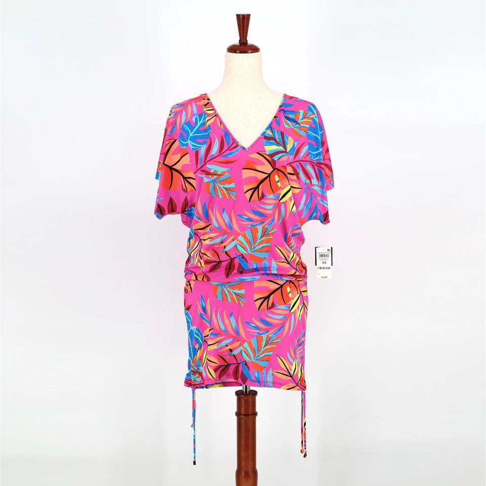 BAR III Mujeres Rosa Tropical Ajustable Caftán Playa Traje de Baño Encubrimiento Talla XS Foto 3 de 4