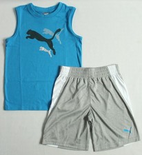 PUMA Boys Size 6 2-Pc Jersey Muscle Tee Tank  Interlock Shorts Set Blue/Gray
