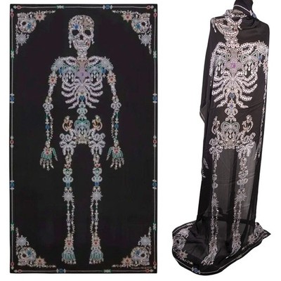 NEW $795 ALEXANDER MCQUEEN Black Gemstone TREASURE SKELETON Silk