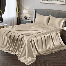 Vonty Satin Sheets Full Size Silky Soft Satin Bed Sheets Taupe Sheet Set, 1 D...