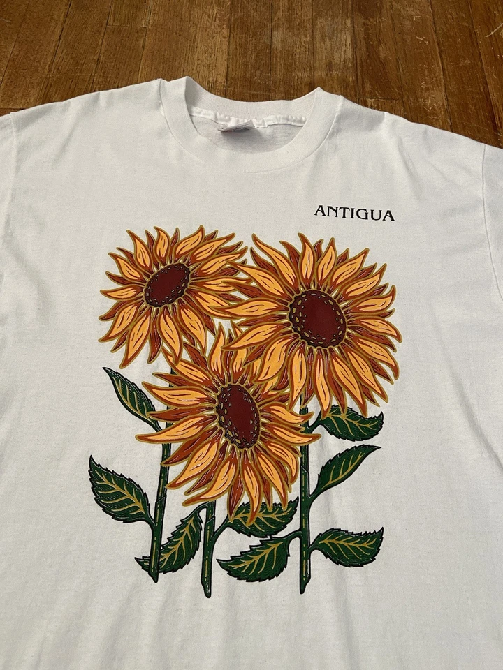 复古单针向日葵花卉中心标志白色图形 T 恤大号 — 第 2/4 张图片