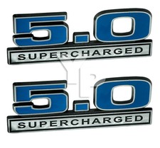 Blue Chrome 5.0 Liter 302 V8 Supercharged Emblems Badge Logo - 5 Long Pair