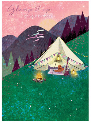 Grußkarte Geburtstag Camping mit Hund - Laterne Lichter von Victoria Selby