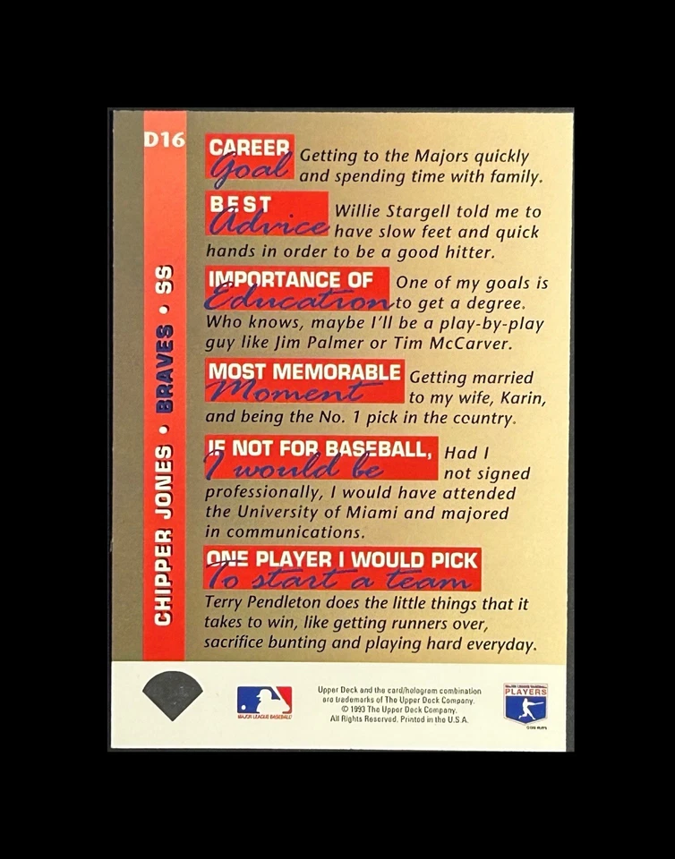 Tarjeta de novato 1993 Dead Center Upper Deck Chipper Jones #D16 RC corte como nueva/calidad💰 Foto 2 de 3