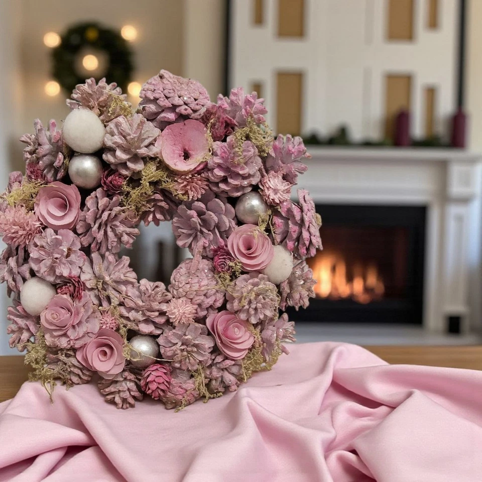 Blush Door Wreath Fall to Winter Decor with Pink Roses and Silver Ornaments 12" - Image 3 of 4