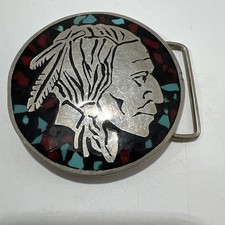 Vintage Native American Indigenous   Warrior Chief Face Head Round Belt Buckle