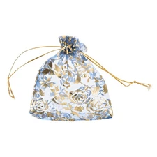 50 Pcs Organza Bag 4"x5" Sheer Flower Heart Mesh Bags Drawstring Blue-Gold